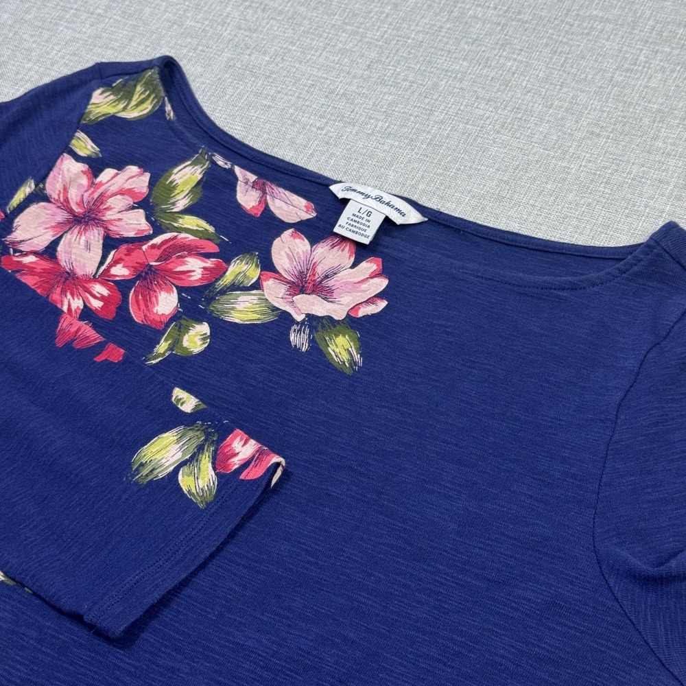 Tommy Bahama T-Shirt Tunic Womens Large Blue Floral 3/4 Sleeve 100% Cotton
